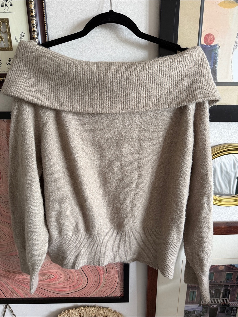 H&M Off-the-Shoulder Foldover Knit Sweater - Beige